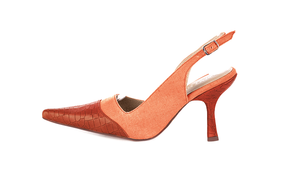 French elegance and refinement for these terracotta orange dress slingback shoes, 
                available in many subtle leather and colour combinations. For fans of a quirky "Rock" style pointed toe.
To be personalized or not with your materials and colors.  
                Matching clutches for parties, ceremonies and weddings.   
                You can customize these shoes to perfectly match your tastes or needs, and have a unique model.  
                Choice of leathers, colours, knots and heels. 
                Wide range of materials and shades carefully chosen.  
                Rich collection of flat, low, mid and high heels.  
                Small and large shoe sizes - Florence KOOIJMAN